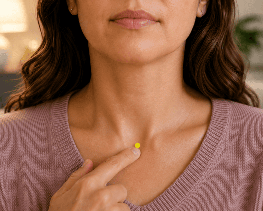 Close-up of the base of the front of the neck with a yellow dot marker in the notch just above the top of the breastbone, indicating CV22.