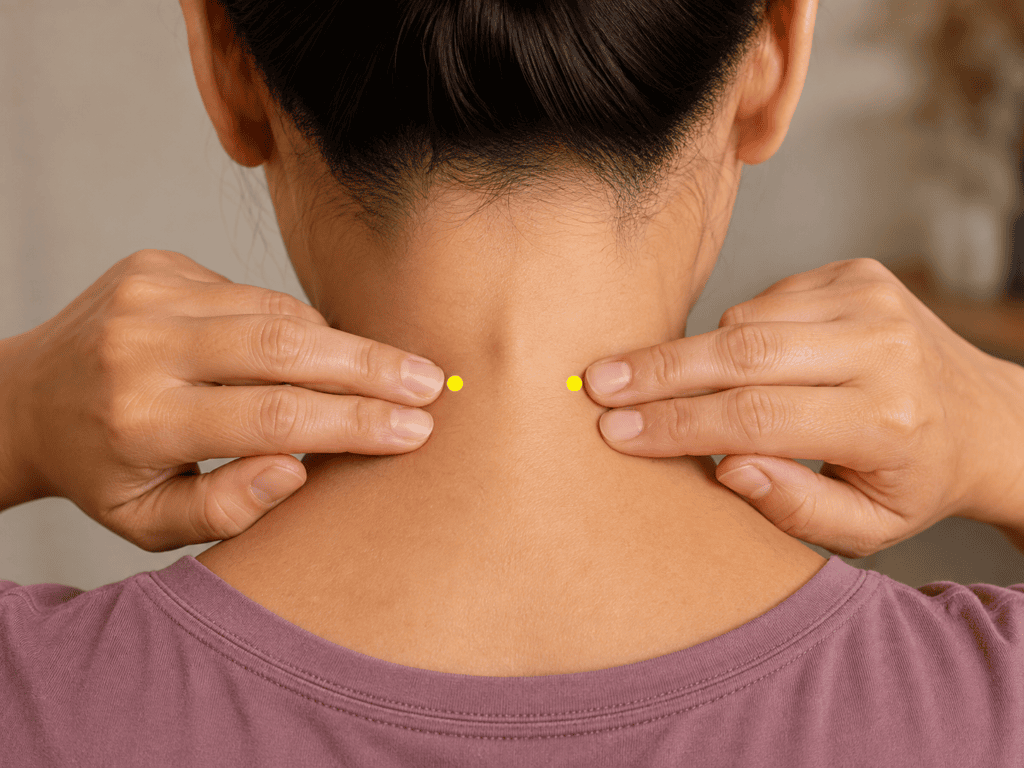 Close-up of the base of the back of the neck with yellow dot markers half a thumb-width to each side of the prominent vertebra, indicating Dingchuan.