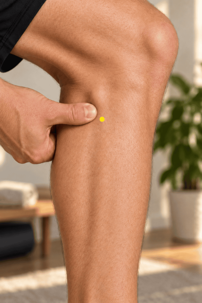Close-up of an outer lower leg with a yellow dot marker in the hollow below and in front of the bony knob below the knee, indicating GB34.