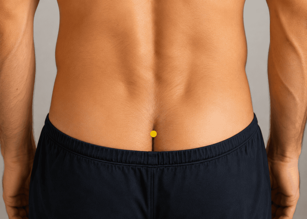 Illustration of the lower spine and tailbone area with a yellow dot marker at the base of the spine, indicating GV1.