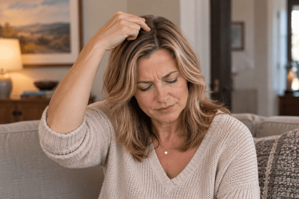 Woman pressing GV20 at the crown of her head as part of an acupressure routine for piles and fissures.