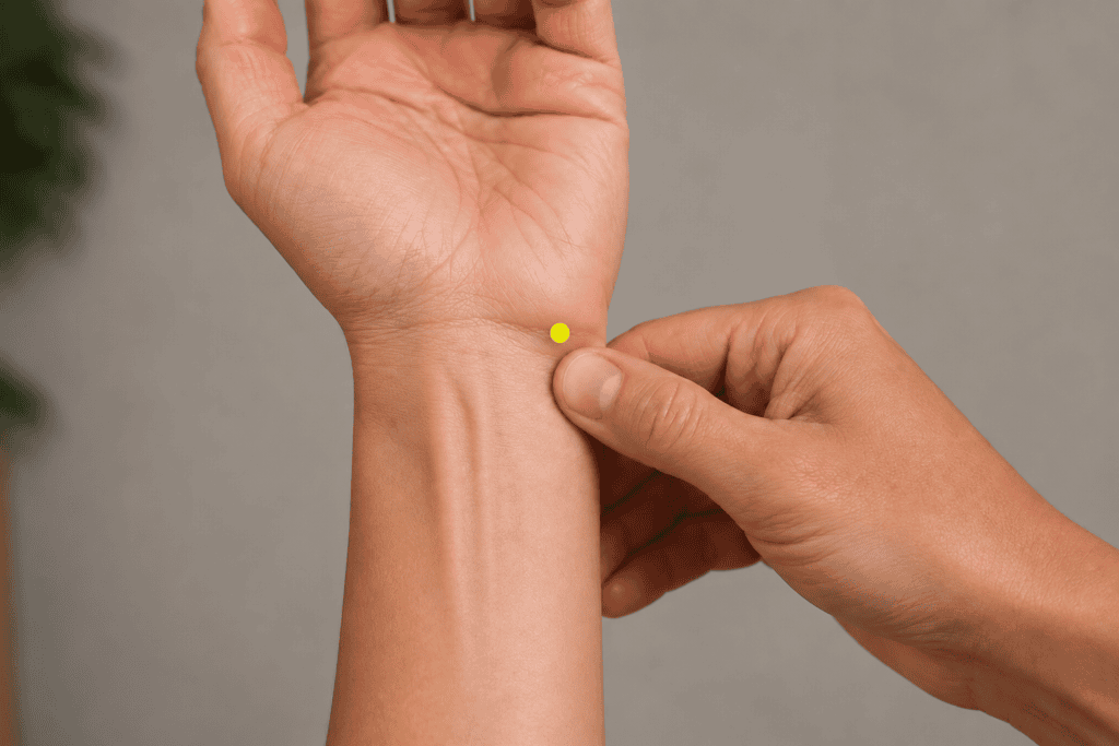 Close-up of an inner wrist with a yellow dot marker on the pinky side of the wrist crease just inside the tendon, indicating HT7.