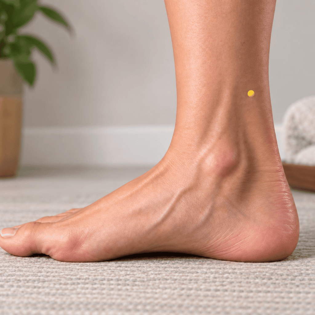 Close-up of an inner lower leg with a yellow dot marker two thumb-widths above the inner ankle bone along the shinbone, indicating KI7.
