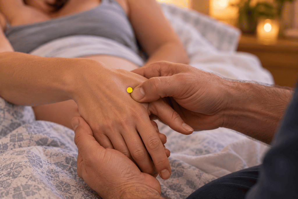 Close-up of a hand with a yellow dot marker in the webbing between the thumb and index finger, indicating LI4.
