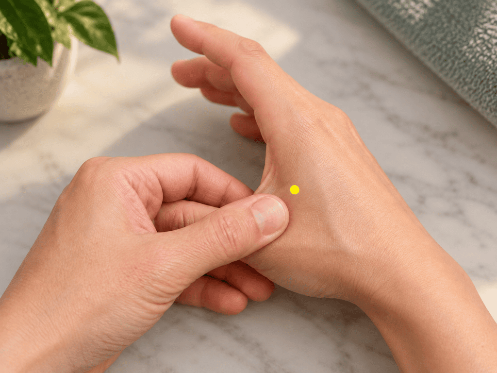 Close-up of a hand with a yellow dot marker in the webbing between the thumb and index finger, indicating LI4.