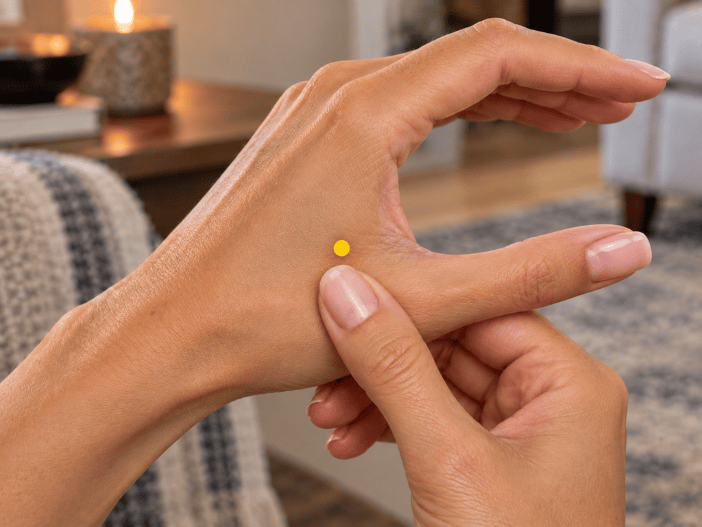 Close-up of a hand with a yellow dot marker in the webbing between the thumb and index finger, indicating LI4.