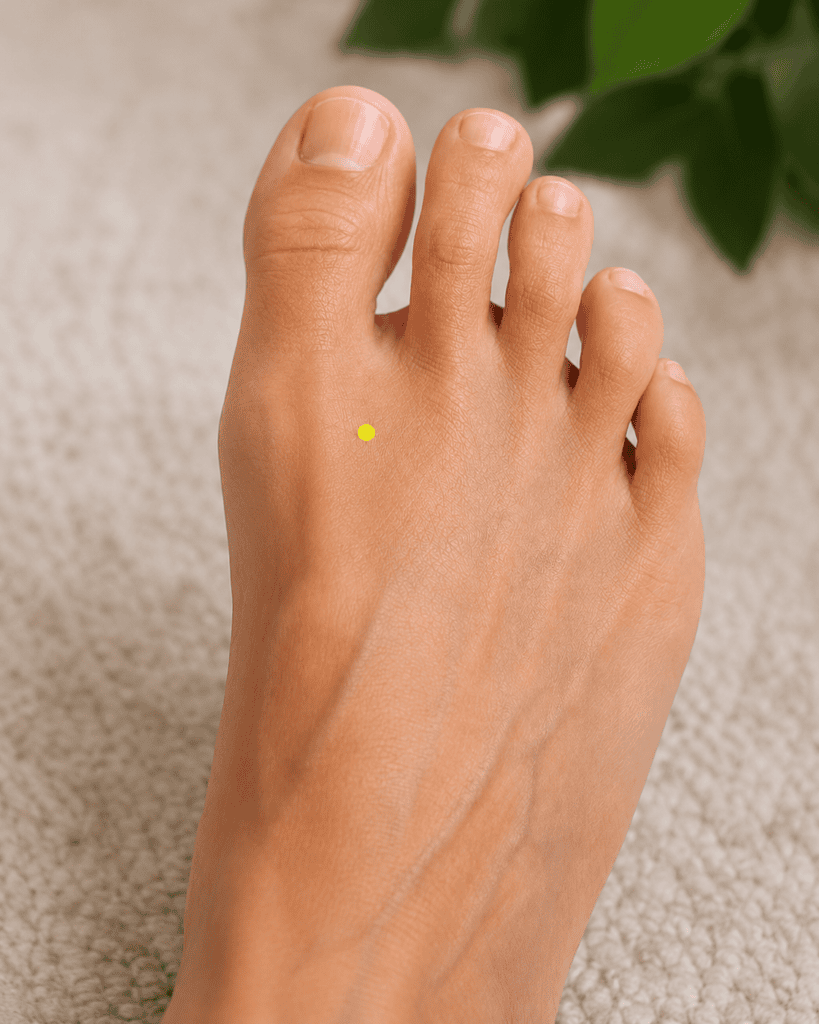 Close-up of the top of a foot with a yellow dot marker in the webbing between the big toe and second toe, indicating LR3.