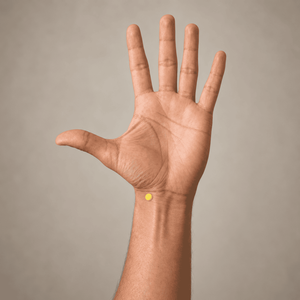 Close-up of an inner wrist with a yellow dot marker on the thumb side in the hollow at the pulse, indicating LU9.