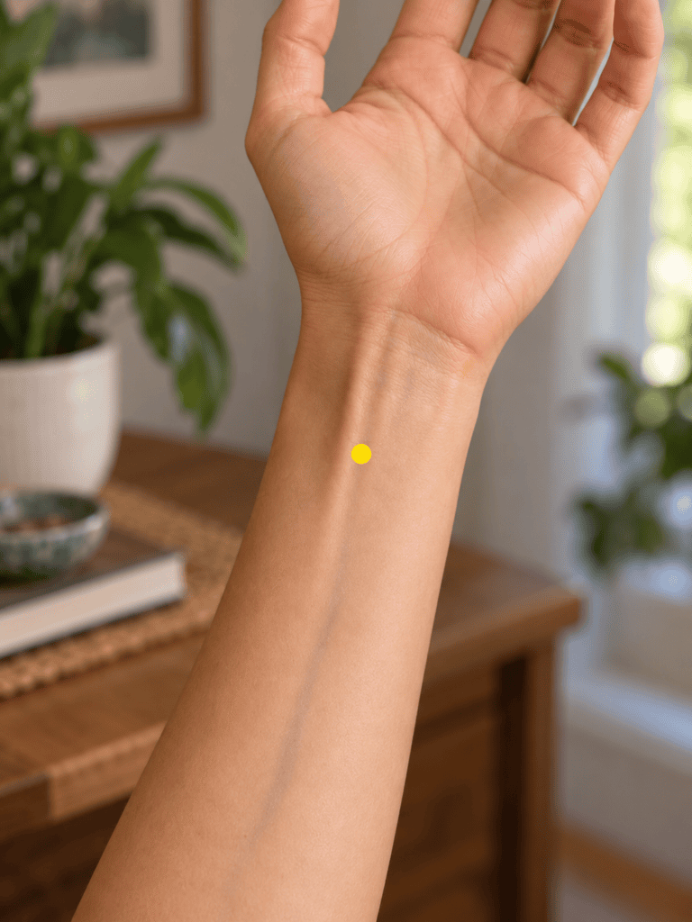 Close-up of an inner forearm with a yellow dot marker three finger-widths above the wrist crease between the two tendons, indicating PC6.