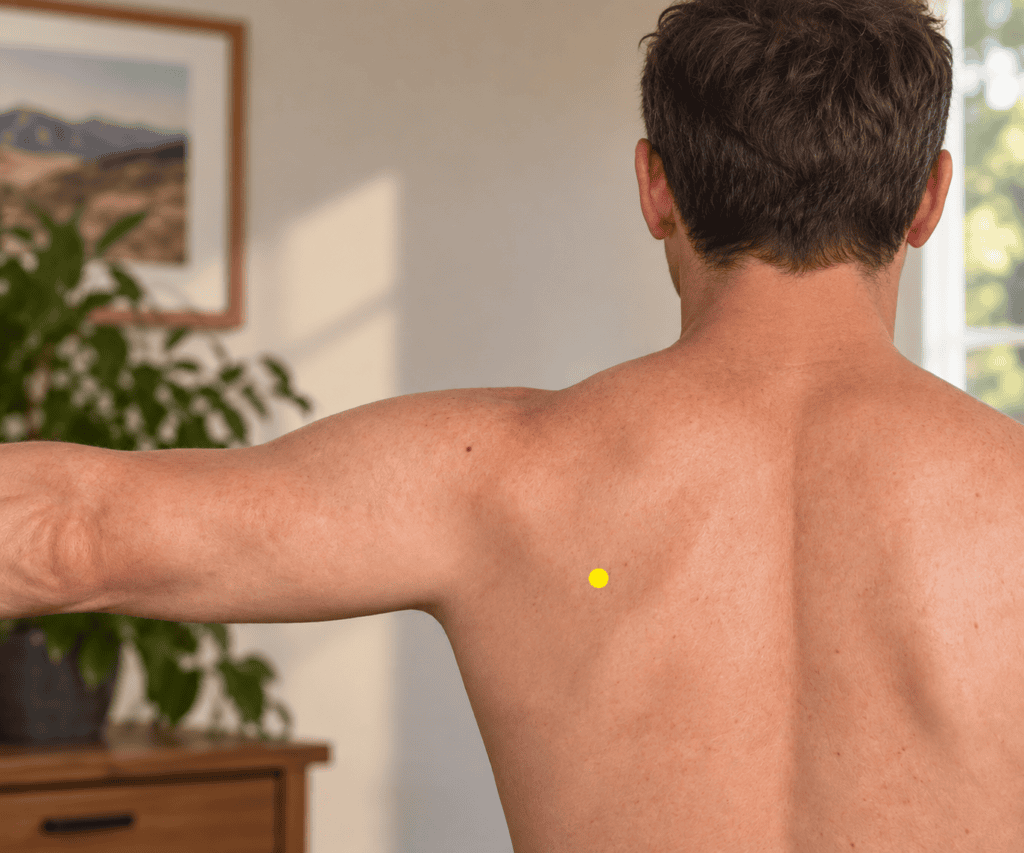 Close-up of an upper back with a yellow dot marker in the center of the shoulder blade, indicating SI11.