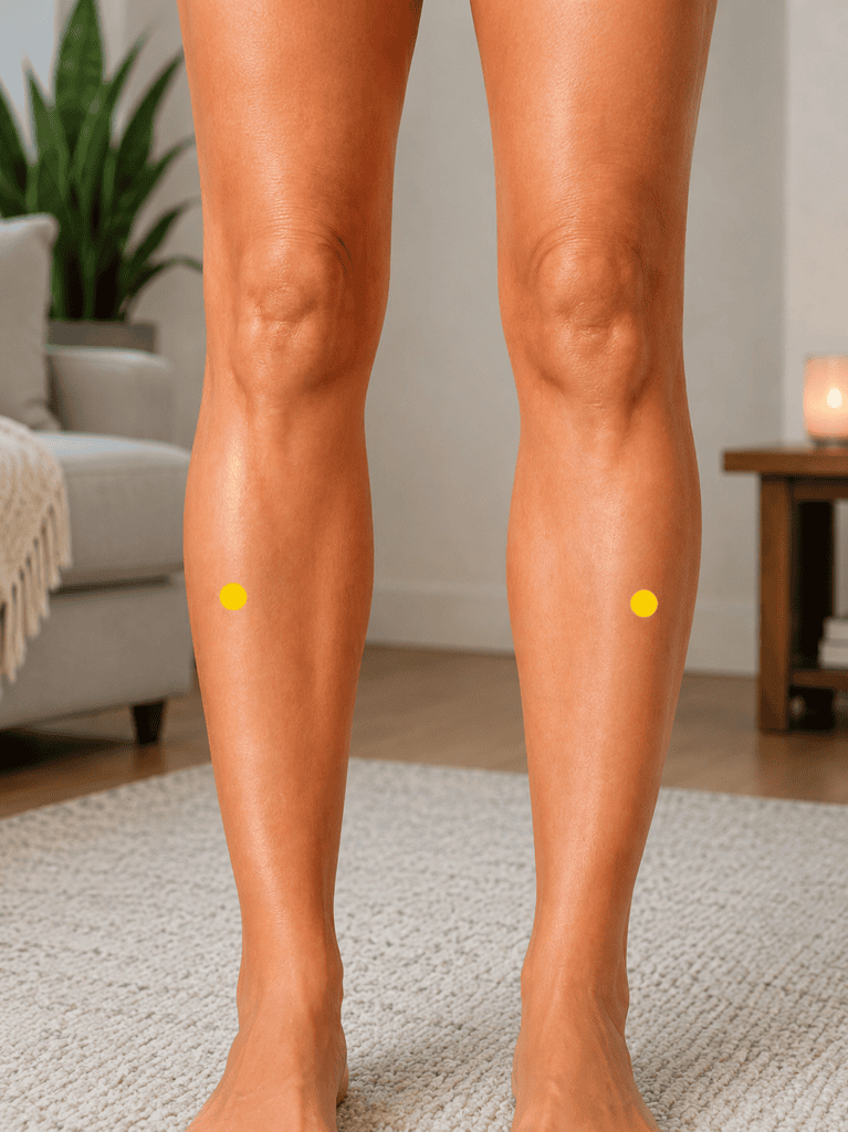 Close-up of an outer lower leg with a yellow dot marker a hand's width below the knee just off the shinbone, indicating ST37.