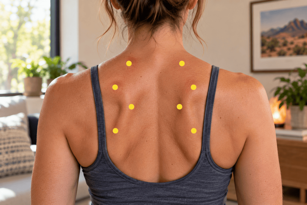 Close-up of an upper back with yellow dot markers on the tightest knots and sore spots, indicating Ashi points.