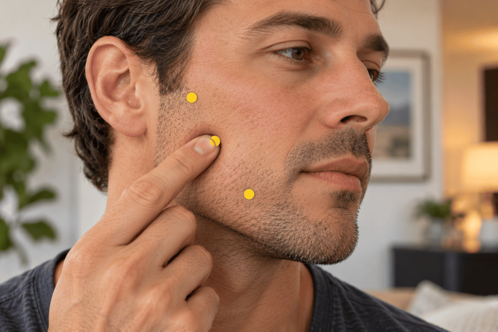 Close-up of a jaw and cheek with yellow dot markers on the tightest muscle knots, indicating Ashi points.