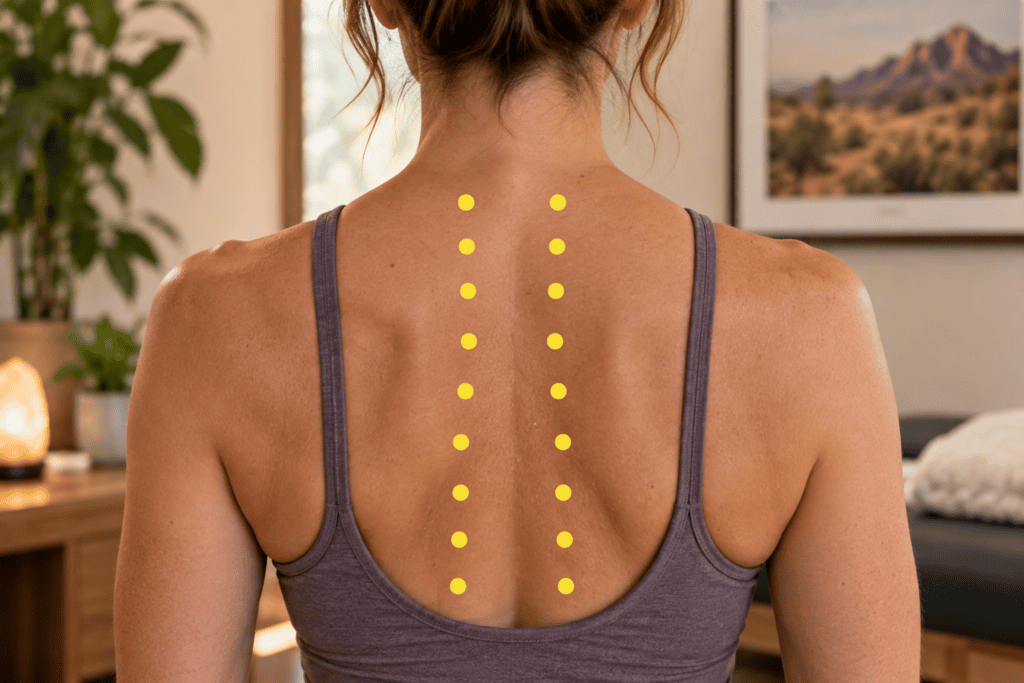 Close-up of an upper back with yellow dot markers running down the muscles on either side of the spine, indicating the Bladder channel points.