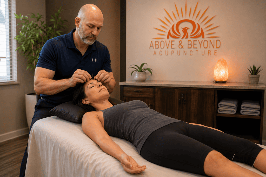 Woman receiving acupuncture treatment as part of a preventive approach to recurring migraines.