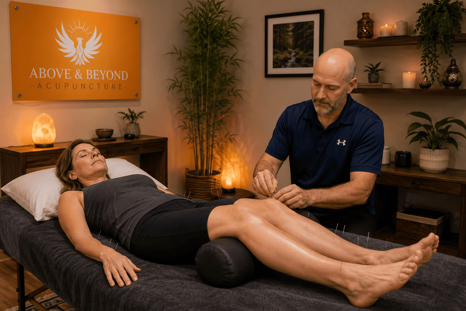Healthy woman receiving a routine acupuncture treatment as part of preventive health care.