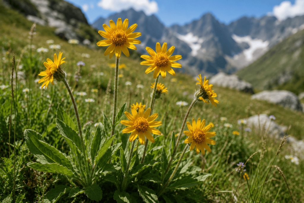 Yellow Arnica montana flowers growing naturally in a mountain meadow.
