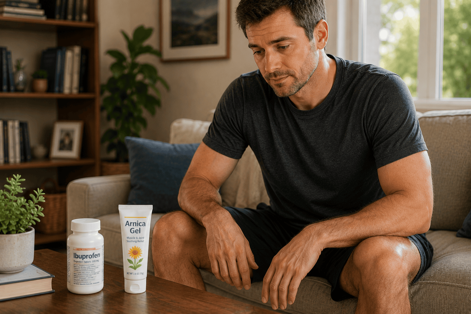 Man with post-exercise soreness considering Arnica gel and ibuprofen at home.