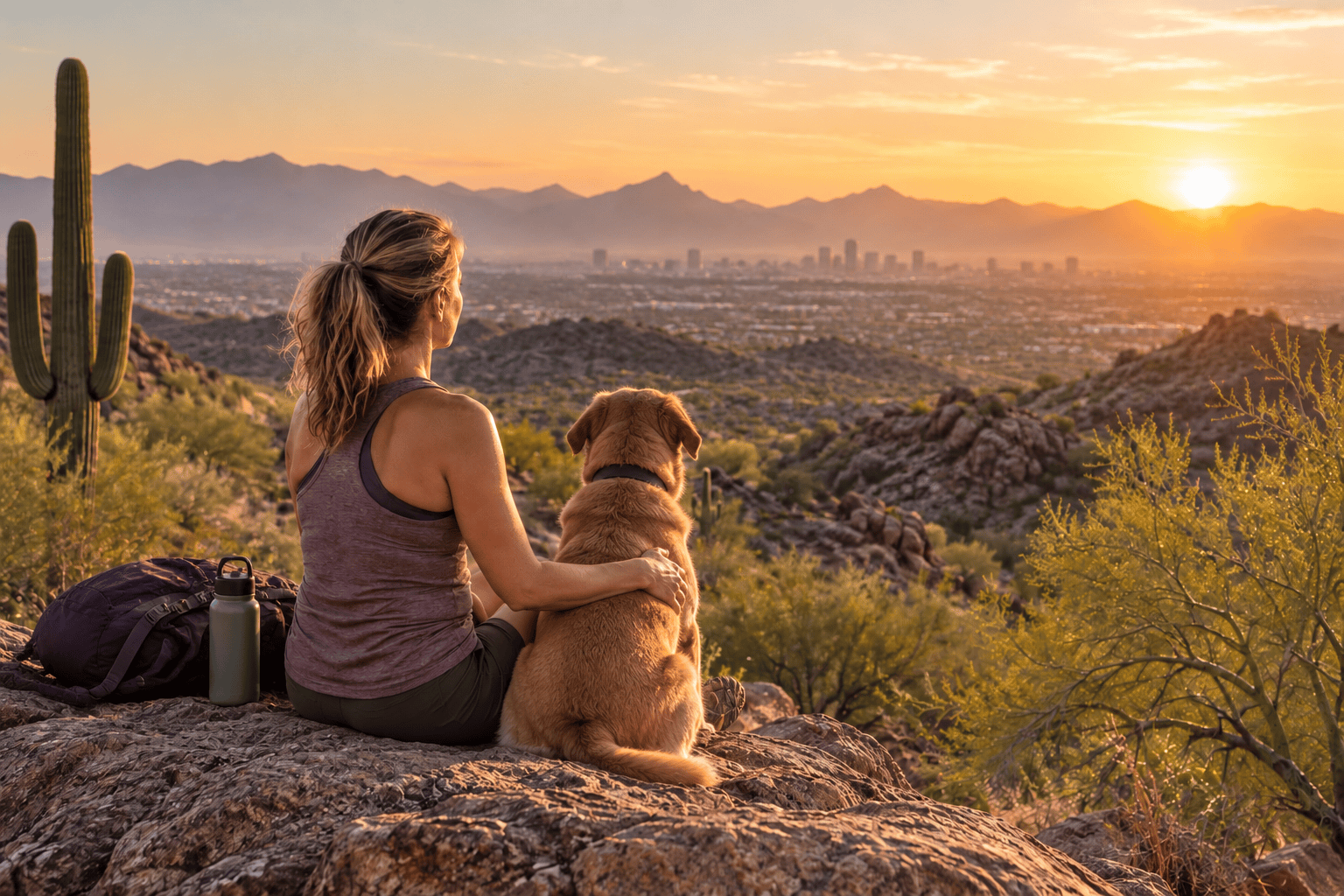 Woman meditating with her dog on a peaceful desert overlook in Phoenix at sunrise.