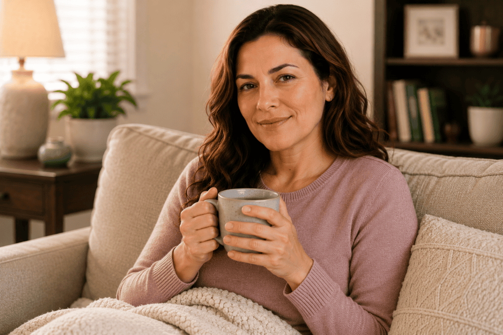 Person resting comfortably on a couch with a warm mug, looking calm and relieved after their cough eased.