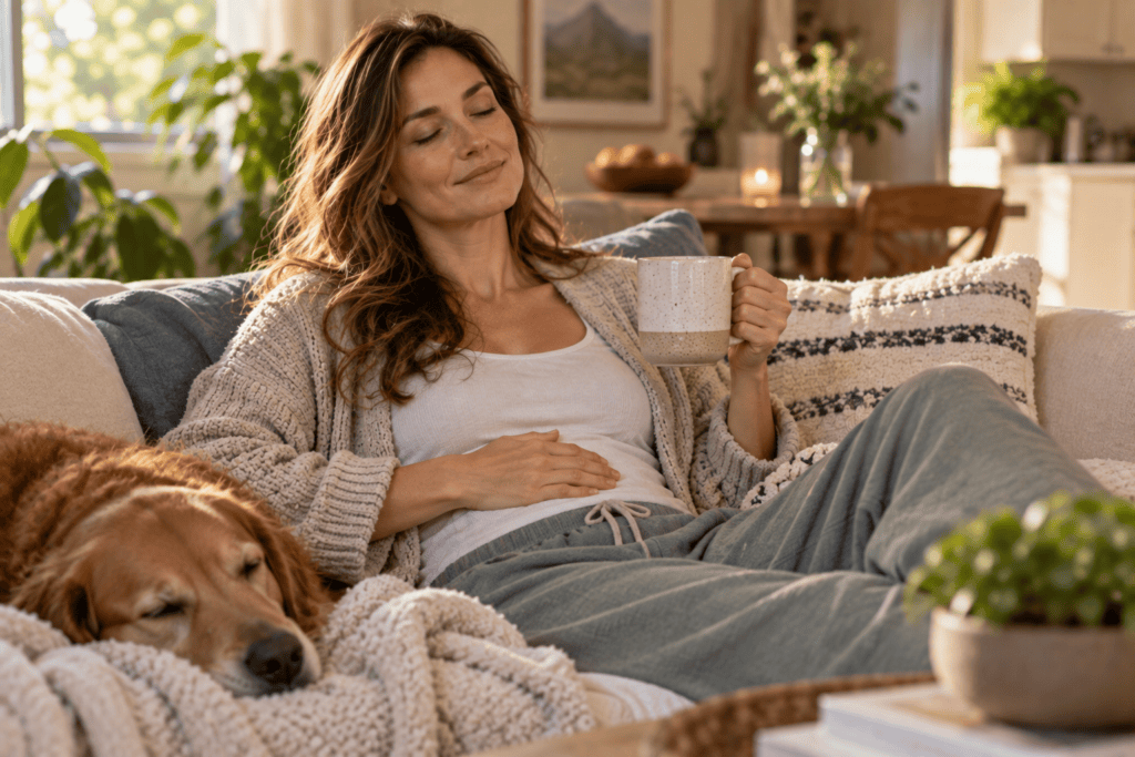 Person looking comfortable and at ease with a settled stomach, relaxed at home.