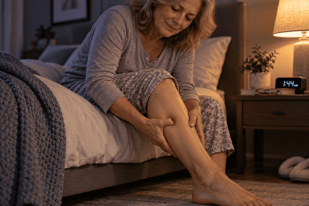 Person seated on the edge of the bed pressing a point on their lower leg to ease restless legs before sleep.