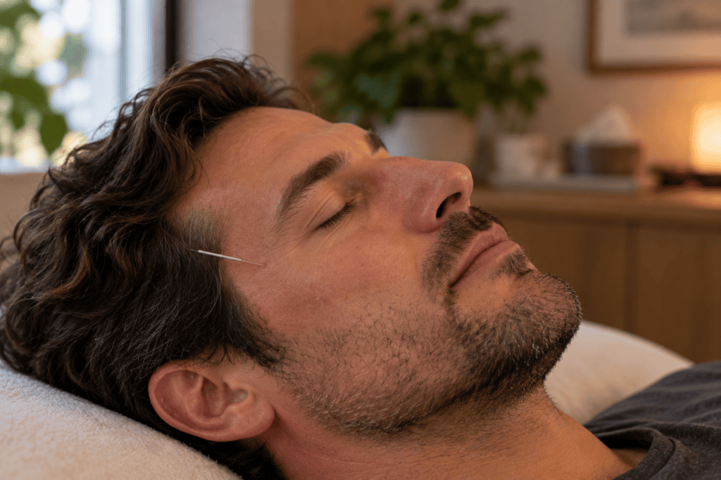 Close-up of a fine acupuncture needle placed at the temple on a relaxed patient during treatment.