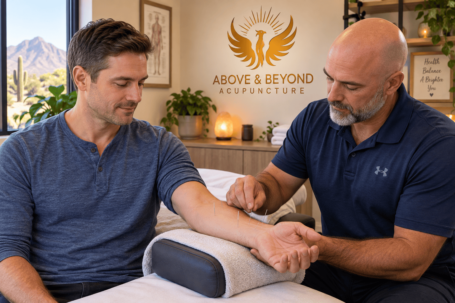 Man receiving acupuncture around the wrist and forearm for carpal tunnel syndrome at Above & Beyond Acupuncture.