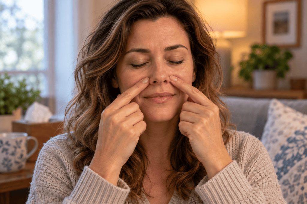 Person pressing the points beside the nostrils with fingertips to relieve cold congestion.