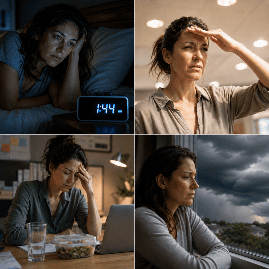 Collage showing sleep disruption, bright light, stress, skipped meals, dehydration, and weather changes as common migraine triggers.