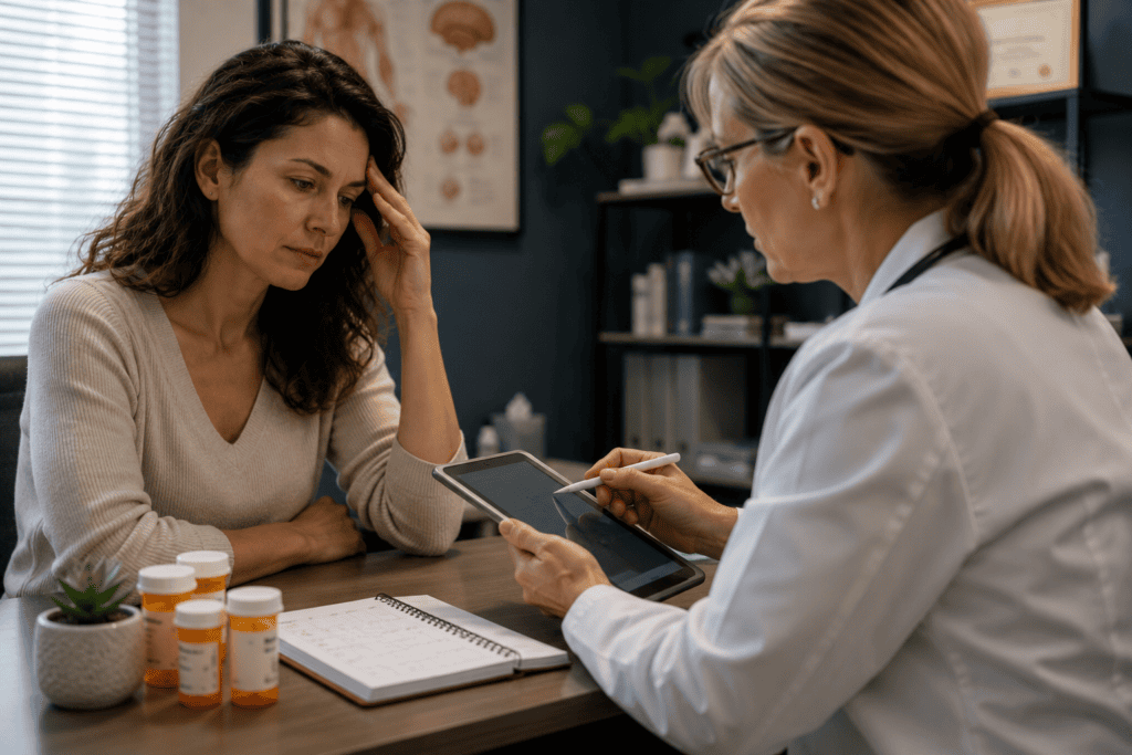Woman discussing migraine medications and preventive treatment with a physician during a medical consultation.