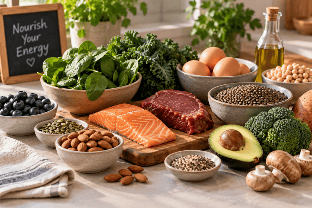 Iron- and vitamin-rich whole foods like leafy greens, eggs, and legumes arranged on a clean surface.