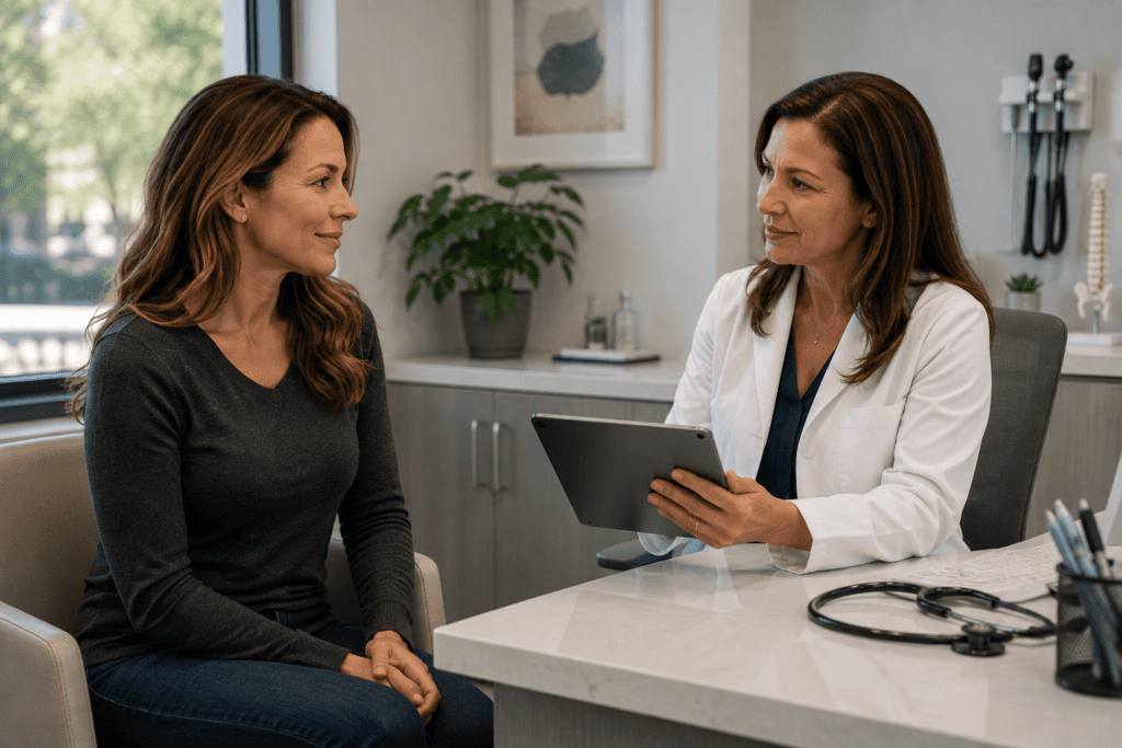 Healthy woman meeting with her primary-care physician for a routine preventive visit.