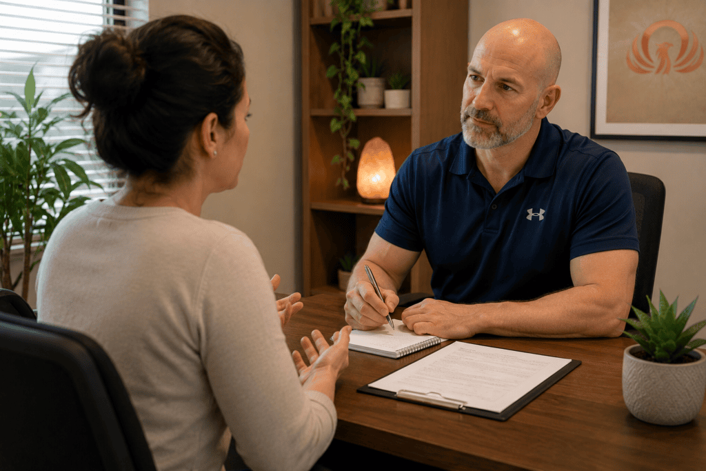 Woman discussing her history of recurring migraines with an acupuncturist during a clinical consultation.