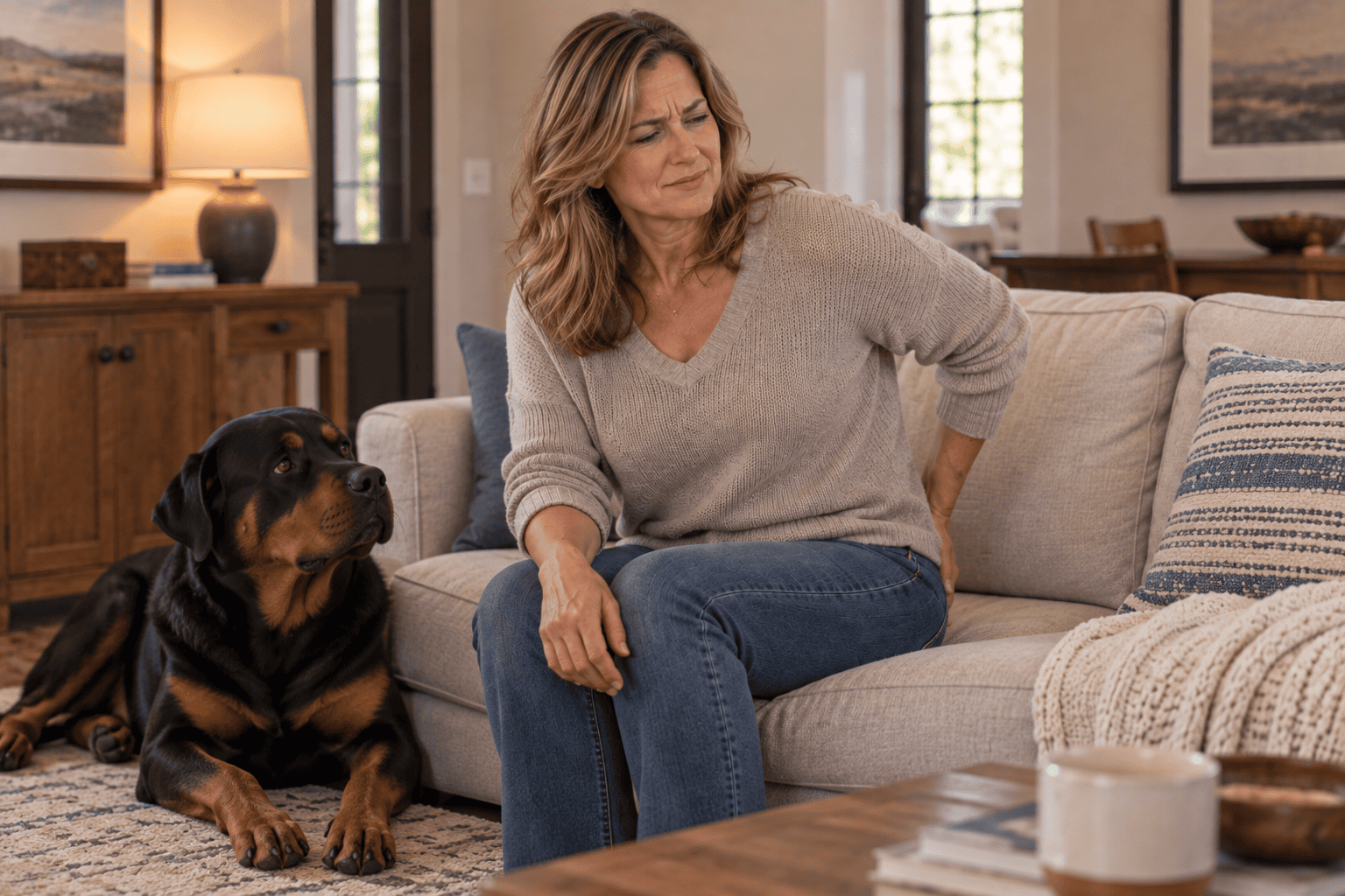 Person sitting somewhat uncomfortably on a couch with an uneasy expression, dealing with discomfort.