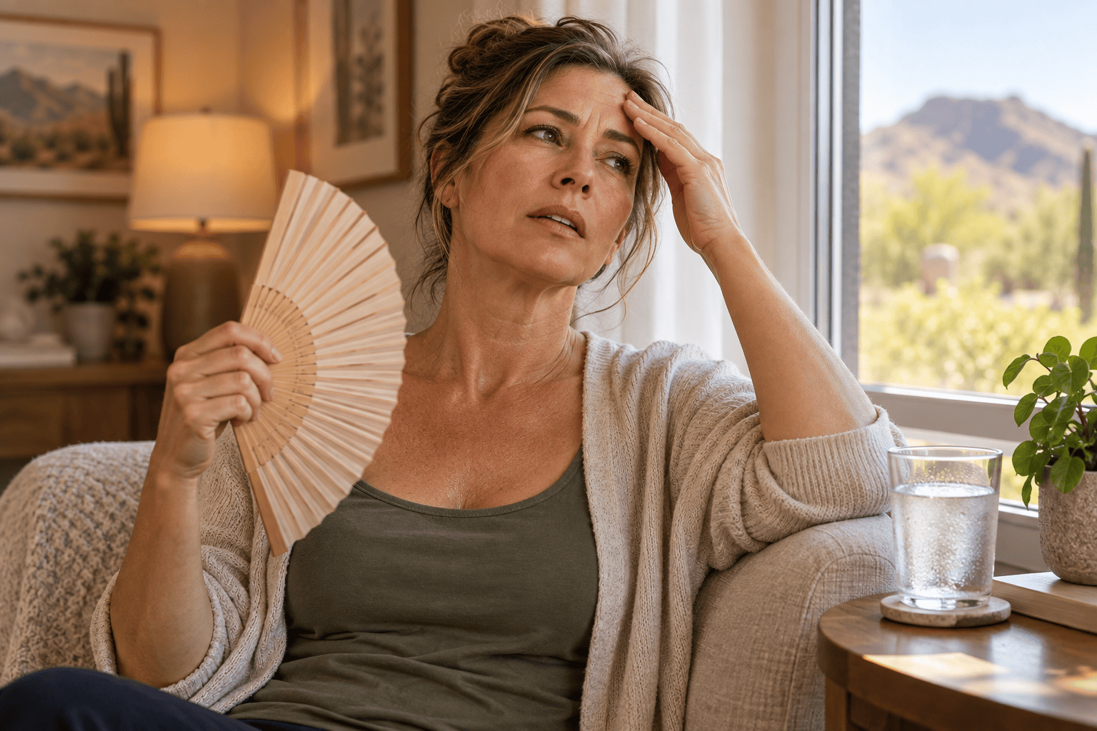 Woman in her 50s by a window fanning herself during a hot flash, looking warm and worn down.