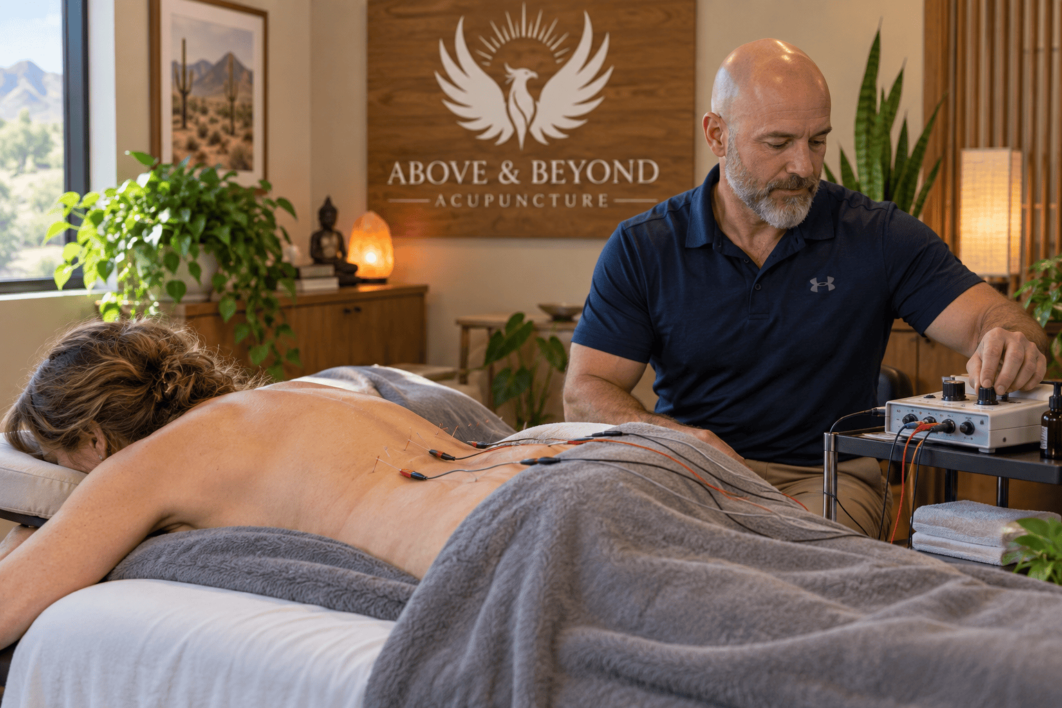 Woman receiving electroacupuncture for chronic lower-back pain at a professional Scottsdale acupuncture clinic.