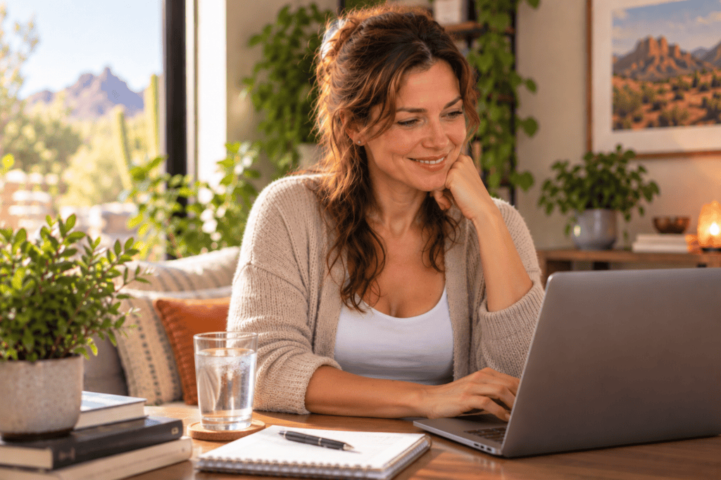 Person looking refreshed, energized, and awake with better posture and a bright expression, fatigue lifted.