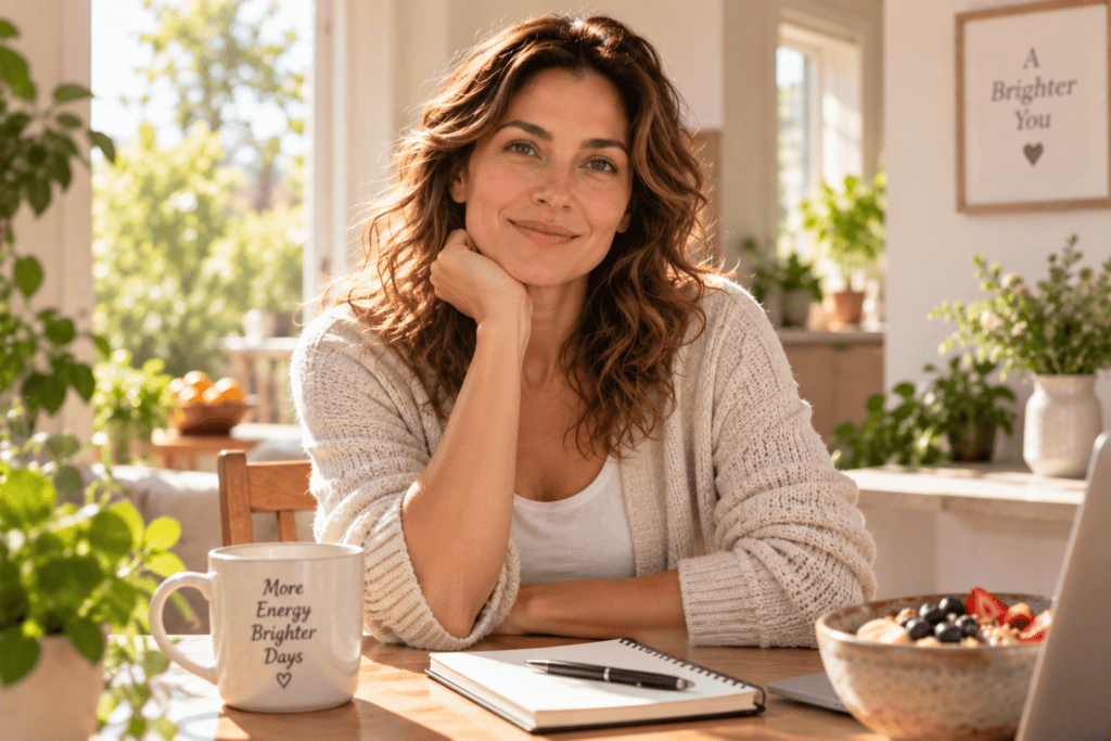 Person looking refreshed and energized, going about their day with a bright, awake expression.