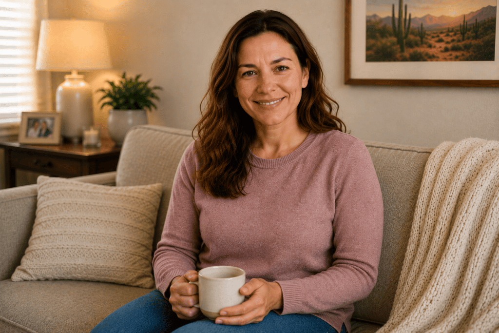 Person sitting relaxed and comfortable on a couch with a calm, relieved expression after their stomach ache eased.