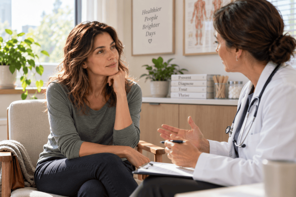 Person talking with an attentive doctor about persistent fatigue in a bright office.
