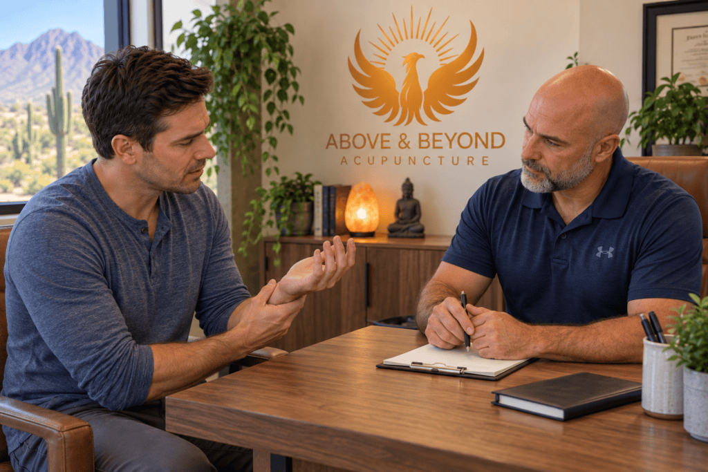 Man discussing his carpal tunnel symptoms with an acupuncturist during a consultation.