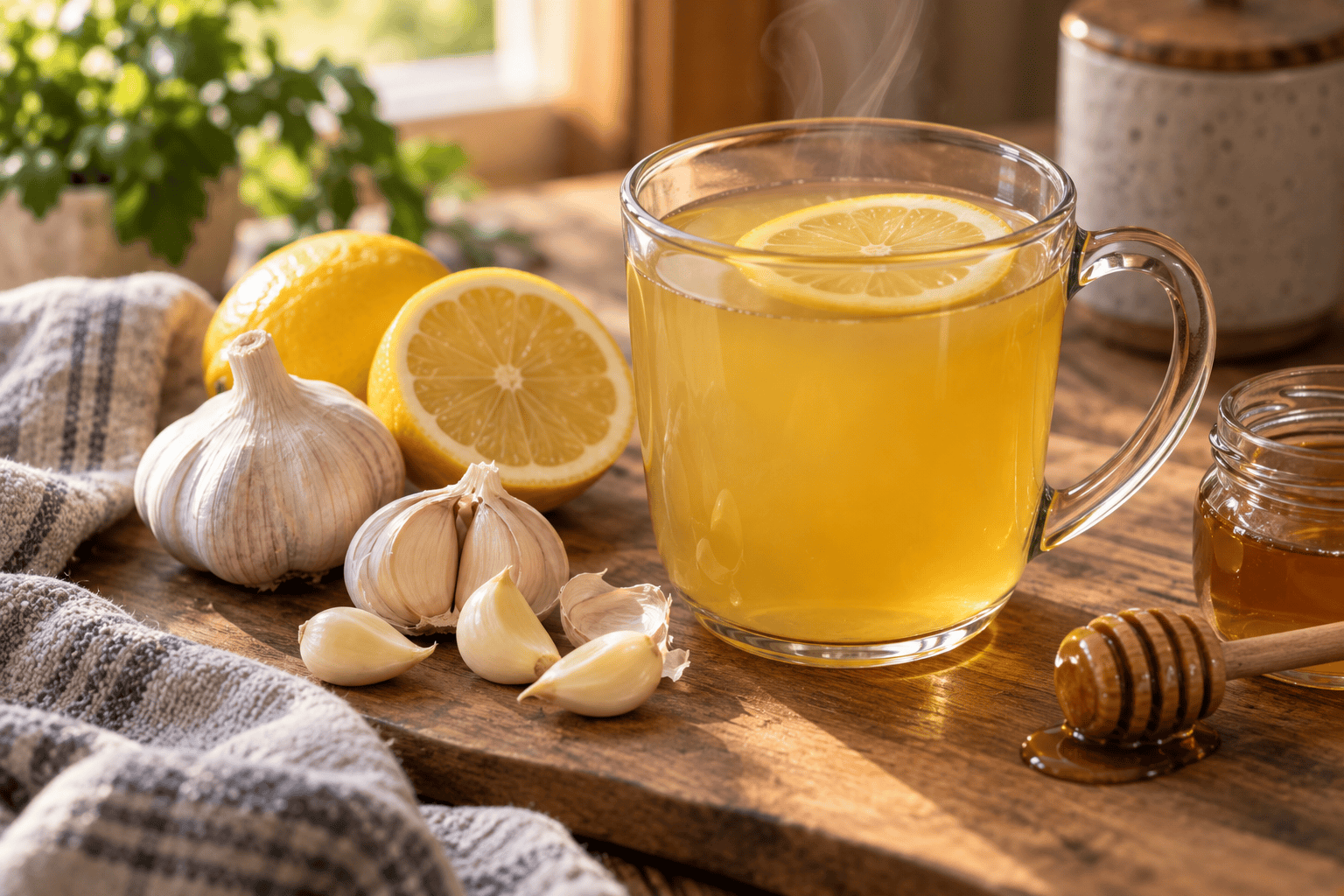Warm mug of garlic-honey-lemon tea beside fresh garlic cloves, a halved lemon, and a honey dipper.