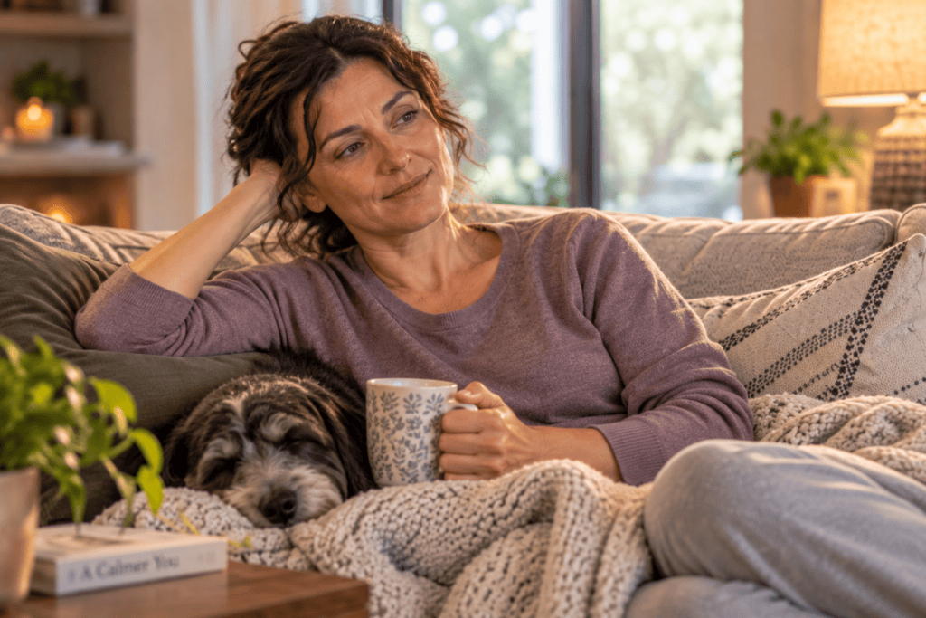 Person looking more comfortable and at rest, gently relieved after soothing their fibromyalgia symptoms.