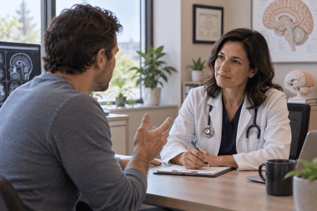 Person talking with an attentive doctor about cluster headaches in a bright office.