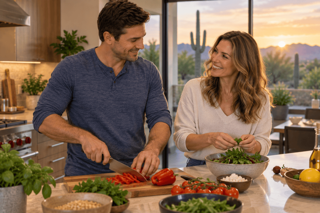 Man comfortably using his hand while preparing dinner at home after dealing with carpal tunnel symptoms.