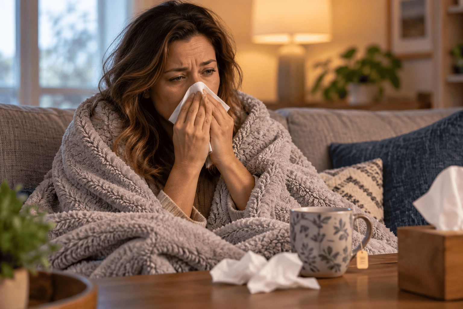Person wrapped in a blanket on a couch holding a tissue to a stuffy nose, with tea and tissues nearby.