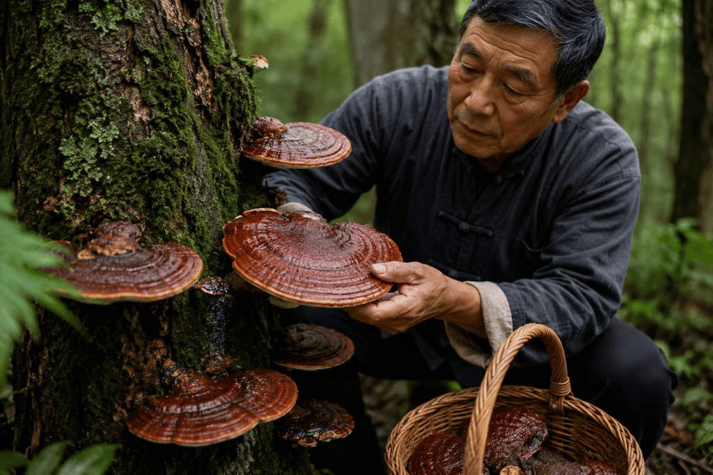 Chinese man harvesting glossy reddish-brown reishi mushrooms growing naturally on a forest tree.