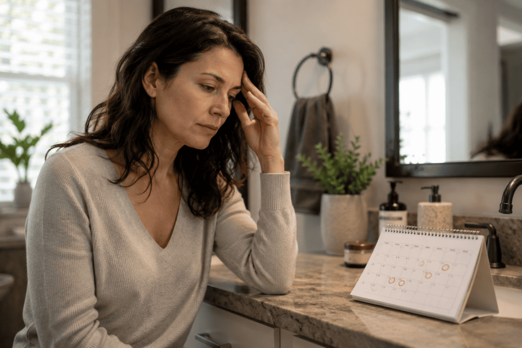 Woman noticing a recurring migraine pattern while looking at a calendar near the time of her menstrual cycle.
