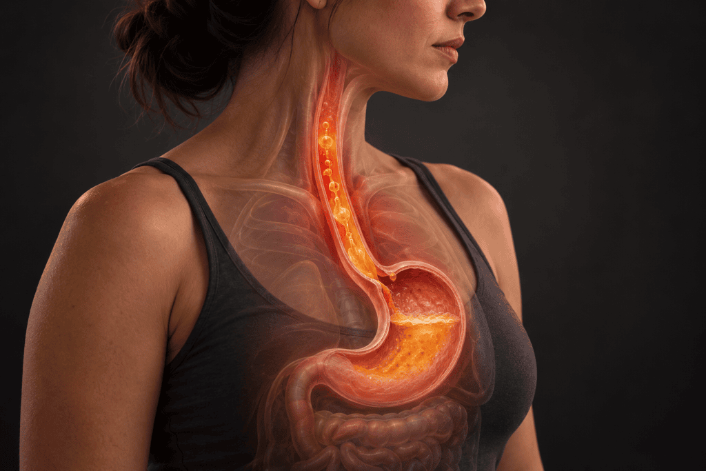 Medical visualization showing stomach contents traveling upward into the esophagus during acid reflux.